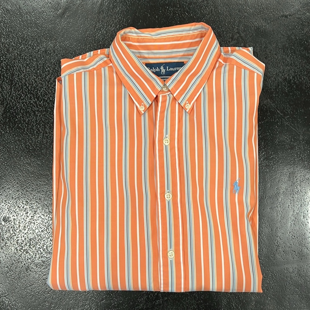 Ralph Lauren Men’s Button Down Orange and Blue Striped Shirt Size Large - Picture 7 of 7